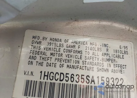 1995 Honda Accord Lx/Ex from USA, damaged, VIN 1HGCD5635SA159322